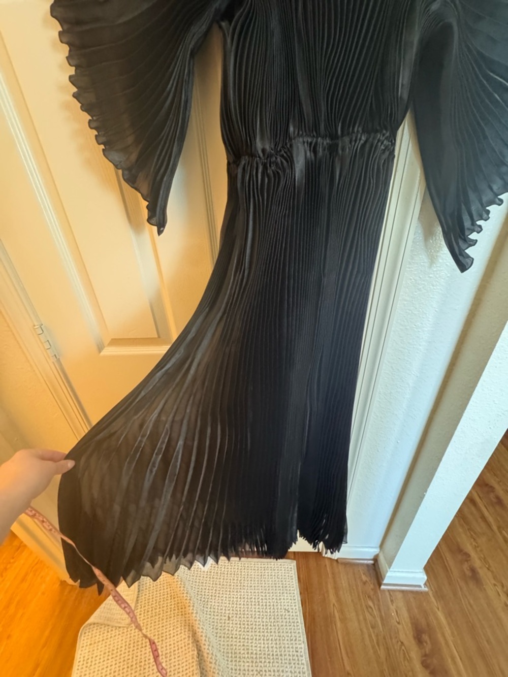 Pleated Long Dress With Organza Pleated Cape Sleeves In Black - Picture 5 of 7
